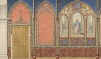 Uppställning av en kyrka eller kapell med ornament och en målad triptyk av Jungfru Maria av Jules-Edmond-Charles Lachaise