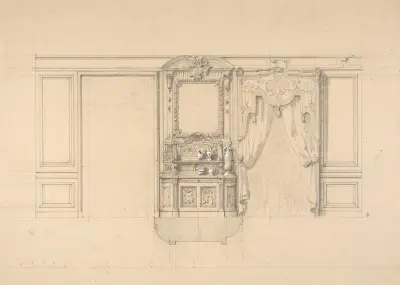 Interiör med skulpterad buffé och fönsterdraperier av Jules-Edmond-Charles Lachaise