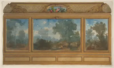 Uppställning av ett panelerat interiör med målade landskap och valv med kartuscher och blommor av Jules-Edmond-Charles Lachaise