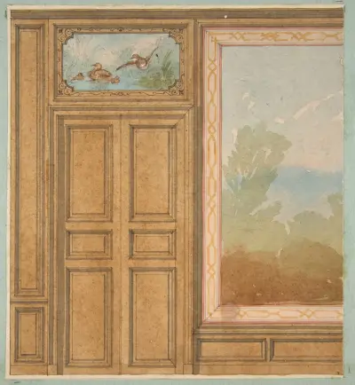 Elevation of a paneled wall with a mural or tapestry and a double doors surmounted by a painting of ducks av Jules-Edmond-Charles Lachaise