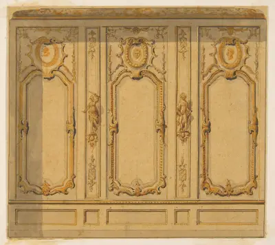 Interiörelvation med vägg dekorerad av ornamentpaneler och monterade statyetter av Jules-Edmond-Charles Lachaise