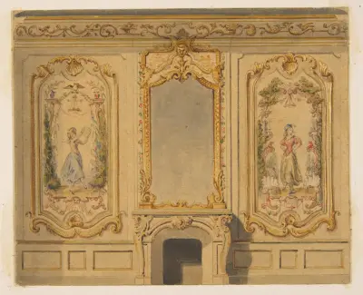 Elevation of an interior wall decorated with a chimney piece surmouted by a mirror and flanked with painted panels av Jules-Edmond-Charles Lachaise