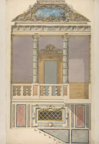 Elevation of an Italianate interior, including steps and an upper loggia decorated in composite columns av Jules-Edmond-Charles Lachaise