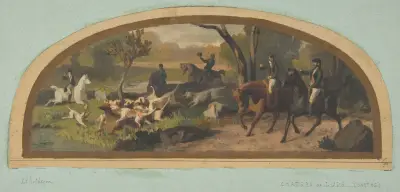 Jaktscen; muraldesign för en lunett i biblioteket på Château de Lude (Sarthe) av Jules-Edmond-Charles Lachaise