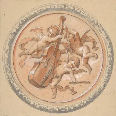 Medaljong med putti som håller en cello av Jules-Edmond-Charles Lachaise