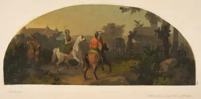 Väggmålning med ryttare i landskap för en lunett i biblioteket på Château de Lude (Sarthe) av Jules-Edmond-Charles Lachaise