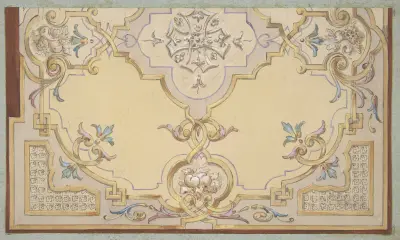 Delvis design för takdekoration med rullverk och fruktgirlanger av Jules-Edmond-Charles Lachaise