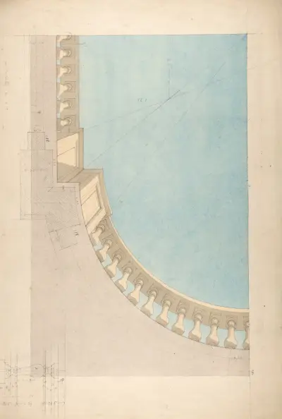Perspektivstudie för en fjärdedel av en takutsmyckning med trompe l'oeil-balustrad av Jules-Edmond-Charles Lachaise