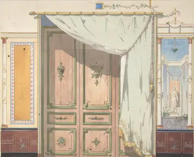 Pompejansk design för dörröppning och vägg med draperi (möjligen för Deepdene, Dorking, Surrey) av Jules-Edmond-Charles Lachaise
