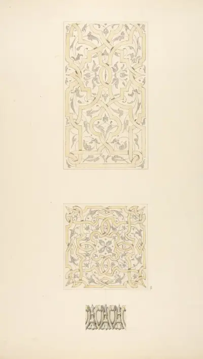 Tre mönster för dekorativa motiv i bandverk, rinceaux och äggstav av Jules-Edmond-Charles Lachaise