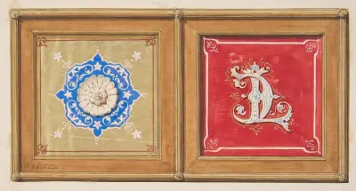 Två alternativa utformningar för målad dekoration av en panel (en med de sammanflätade initialerna CL) av Jules-Edmond-Charles Lachaise