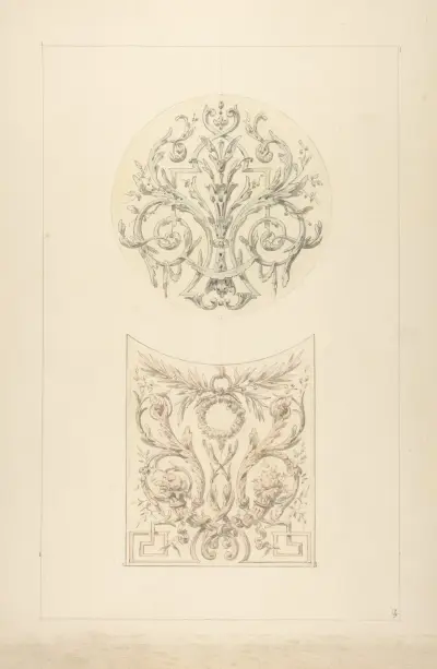 Två utkast till dekorativa motiv med ymnighetshorn och rinceaux av Jules-Edmond-Charles Lachaise