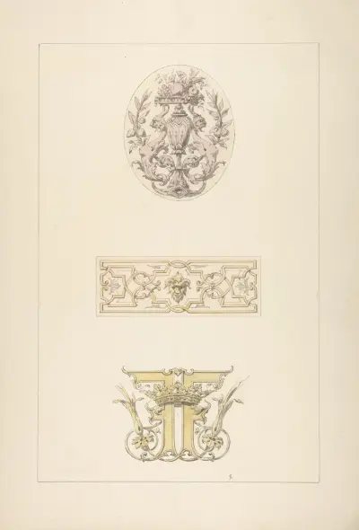 Två förlagor till dekorativa paneler och en förlaga till ett ornamentalt monogram med krona och initialerna FF av Jules-Edmond-Charles Lachaise