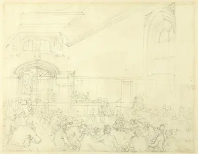 Study for Guild Hall, Examination of a Bankrupt Before His Creditors, from Microcosm of London av Augustus Charles Pugin