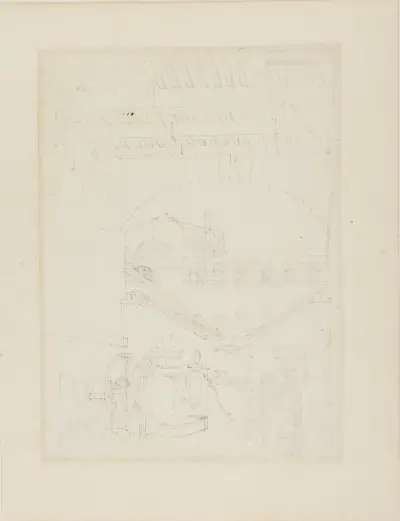 Study for Water Engine, Cold-Bath, Field’s Prison, from Microcosm of London av Augustus Charles Pugin