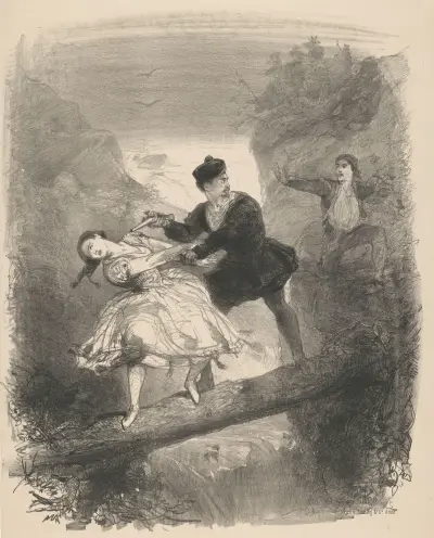 Ballet scene featuring a man and a woman standing above an abyss av Charles Rochussen