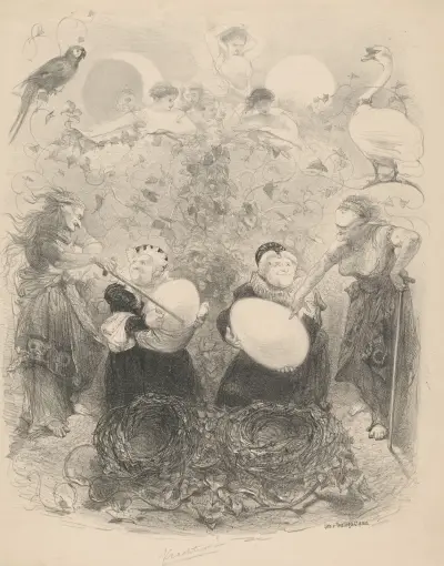 Ballet scene featuring elderly women holding eggs av Charles Rochussen