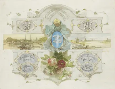 Felicitatie op de zilveren bruiloft van Otto Rudolph vom Rath en Anna Maria Louise Bunge, 1885 av Charles Rochussen