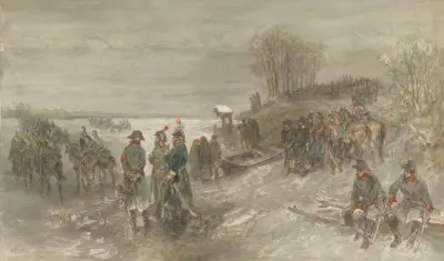 Franska trupper korsar en frusen flod av Charles Rochussen