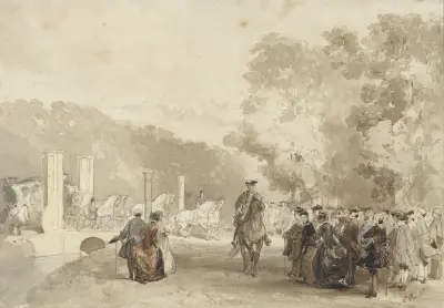Koets van de Prins, die van de oprijlaan van Huis ten Bosch rijdt av Charles Rochussen
