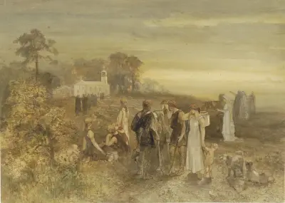 Monniken begeven zich naar een kerk, gadegeslagen door een groep Germanen av Charles Rochussen