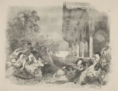 Scene from a play featuring Asian women av Charles Rochussen