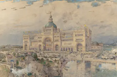The MacKaye Spectatorium with Iowa Pavillion in Foreground, Columbian Exposition von Childe Hassam