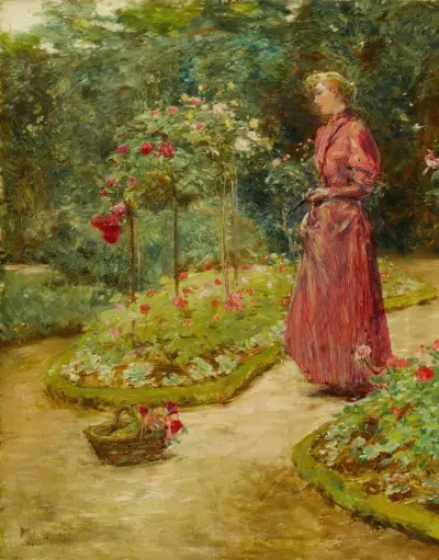 Frau beim Rosenschneiden im Garten von Childe Hassam