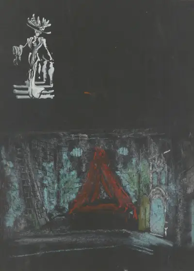 La Folle de Chaillot – maquette de décor – acte II, décor, vue d’ensemble, En haut à gauche, Constance descendant un escalier av Christian Bérard