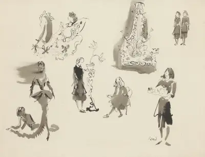 Les Bonnes – maquette de costume – planche – lit, esquisses de costumes av Christian Bérard