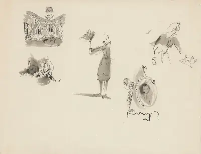 Les Bonnes – maquette de décor – planche – un décor, trois esquisses costumes bonne, portrait de Monsieur av Christian Bérard