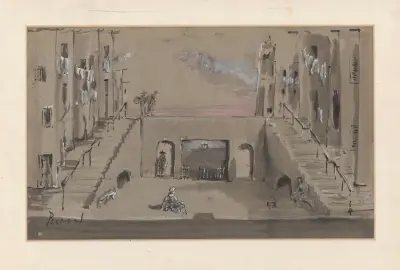 Les fourberies de Scapin – maquette de décor – rue avec venelles en escalier à droite et à gauche av Christian Bérard