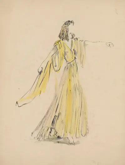 Sodome et Gomorrhe – maquette de costume – femme en robe jaune av Christian Bérard