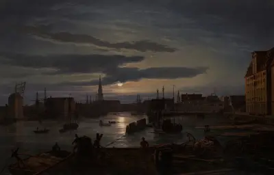 Köpenhamns hamn i månsken av Johan Christian Dahl