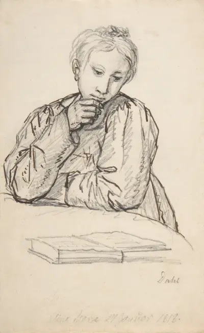 Portrait of Eline Marie Heger as a Child, Leaning on a Table, Looking at a Book von Johan Christian Dahl