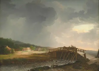 Bron över Tryggevælde å med utsikt mot Køge, Själland av Johan Christian Dahl