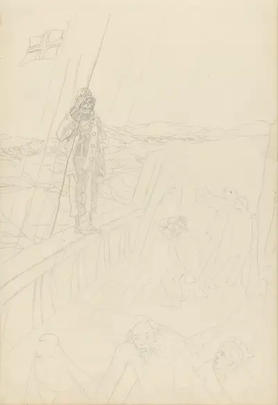 Döden på skeppsräcket och figurer med fördragna ansikten av Christian Krohg