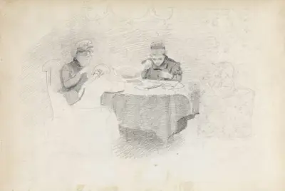 Fire figurer rundt et bord av Christian Krohg