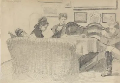 Fire unge mennesker i stueinteriør av Christian Krohg