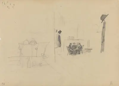 Kaféinteriör, figurer runt ett bord av Christian Krohg