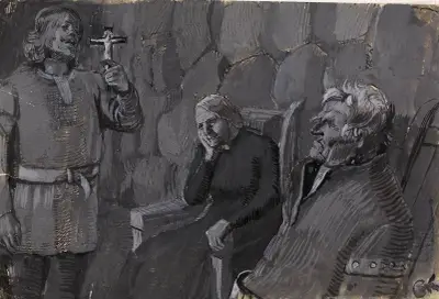 Leif Erikson forsøker å omvende Eirik og sin mor av Christian Krohg