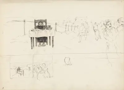 Man vid bord och landskap med figurer av Christian Krohg
