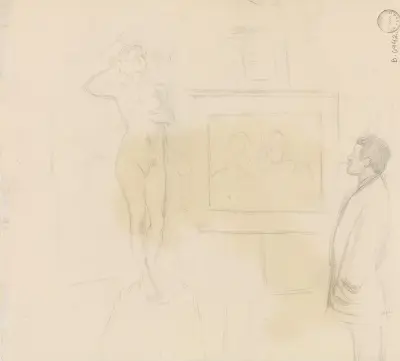 Mann med sigarett som betrakter kunstverk av Christian Krohg