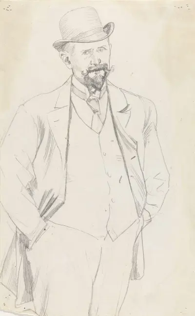 Männerporträt, Kniestück, mit Schnurrbart und Hut von Christian Krohg