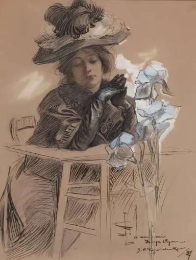 Sittande dam med elegant hatt av Joseph Christian Leyendecker