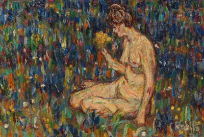 Kvinnoakt med gul blombukett (Flicka på ängen) av Christian Rohlfs