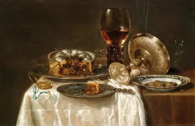 Olives in a blue and white porcelain bowl, a roemer, wine glasses, an overturned silver tazza and a meat-pie av Willem Claesz Heda