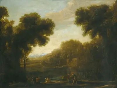 Flodlandskap med resenärer på stranden av Claude Lorrain