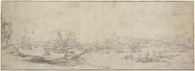 Bei einer ruinierten Festung eine Brücke über einen mit Kähnen befahrenen Fluß, links ein großes Schiff av Claude Lorrain