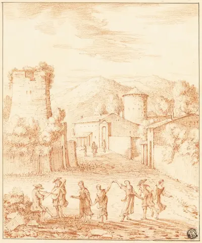 Tänzer und Musiker vor einem Dorf mit verfallenem Turm von Claude Lorrain